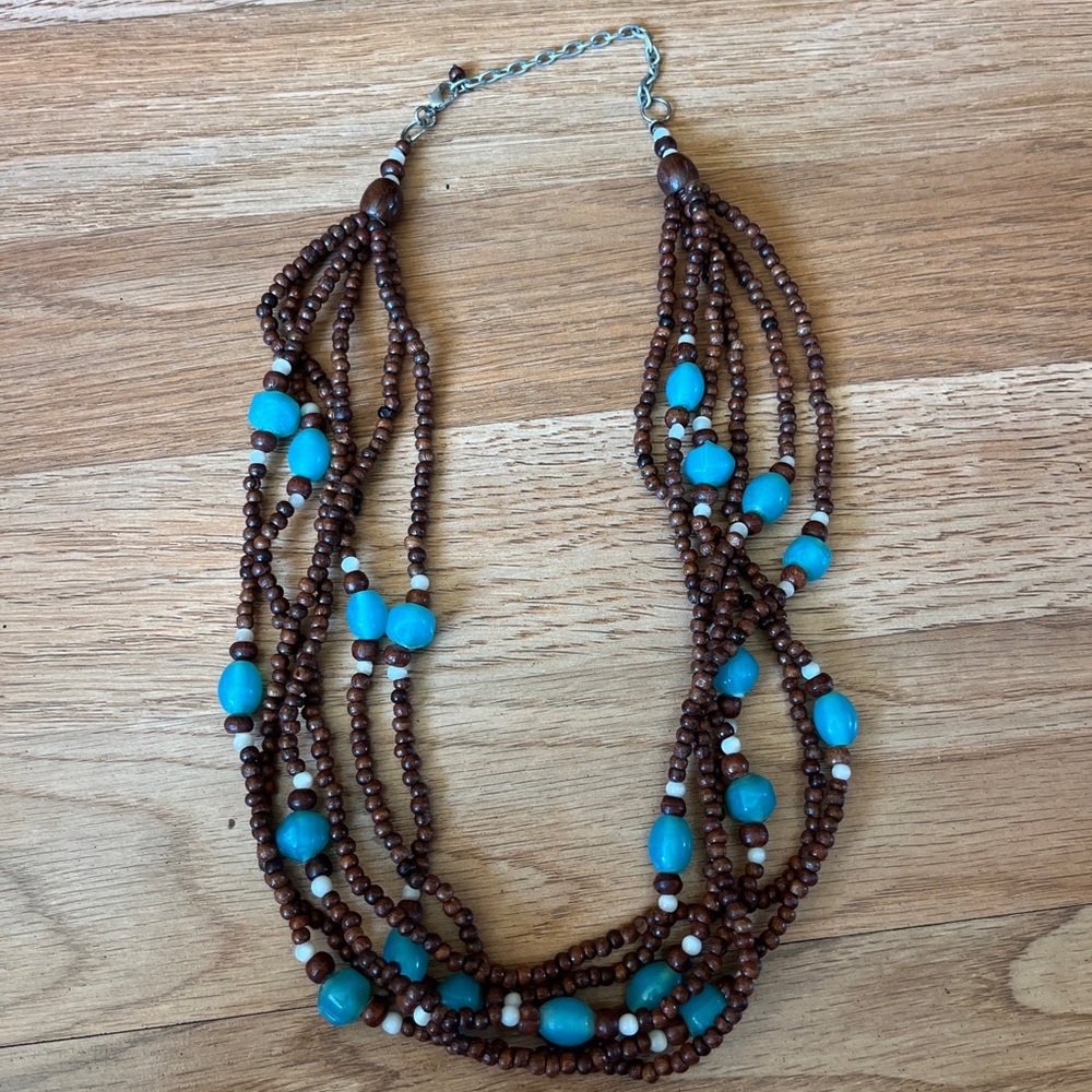 Brown And Turquoise Blue Hand Made Beaded Necklace